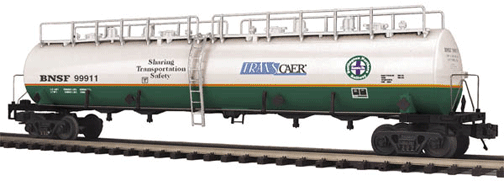Premier 20,000 Gallon 4-Compartment Tank Car - Ready to Run -- Burlington Northern Santa Fe/Transcaer Training Car (white, green)