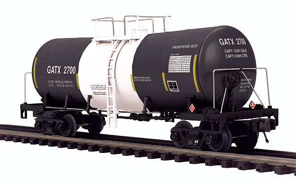Premier Funnel-Flow Tank Car - 3-Rail - Ready to Run -- GATX #2700 (black, white, yellow Conspicuity Markings)