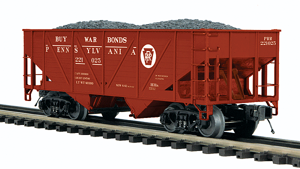 Premier 34' 2-Bay Composite Hopper w/Coal Load - 3-Rail - Ready to Run -- Pennsylvania Railroad #221025 (Tuscan, Circle Keystone, Buy War Bonds Slogan