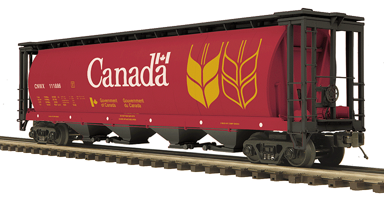 100-Ton 4-Bay Cylindrical Covered Hopper - 3-Rail - Ready to Run - Premier(R) -- Government of Canada CNWX (red, black, yellow, white)