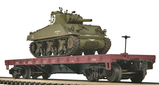 Premier 50-Ton 41' Wood Flatcar w/Sherman Tank Load - Ready to Run -- Pennsylvania Railroad (brown)