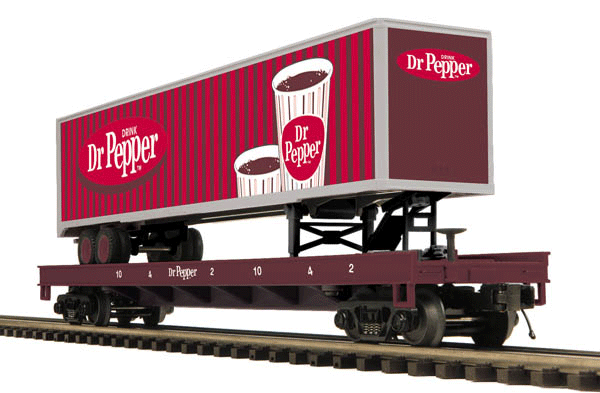 Premier Flatcar w/48' Trailer - 3-Rail - Ready to Run -- Dr. Pepper (brown Flat, red Trailer)