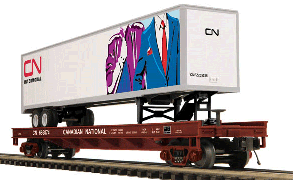 Premier Flatcar w/48' Trailer - 3-Rail - Ready to Run -- Canadian National (brown Flat, white Trailer w/Clothing Graphics)