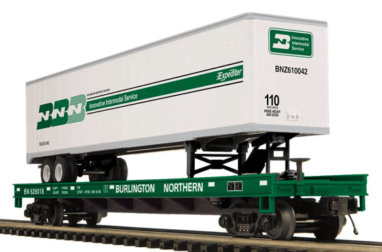 Premier Flatcar w/48' Trailer - 3-Rail - Ready to Run -- Burlington Northern (Cascade Green Flat, white, green Trailer w/Expediter Lo
