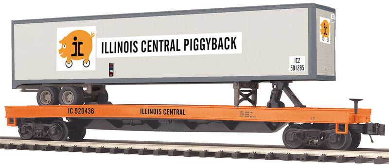 Premier Flatcar - 3-Rail - Ready to Run -- With 48' Trailer Illinois Central (orange, black, Wheeled Pig Logo on Traile