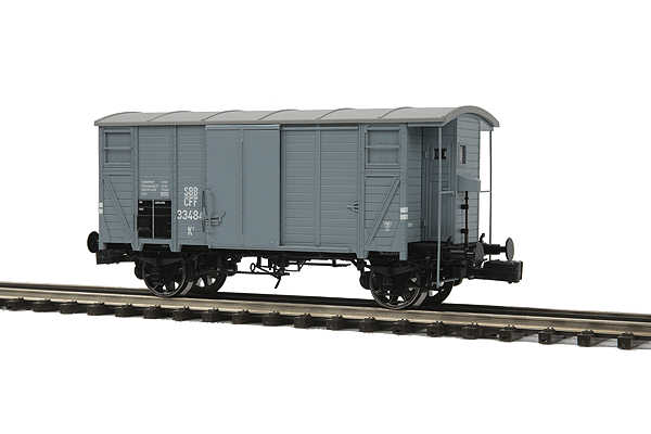 Premier European Gedeckter G Wood Boxcar w/Hi-Rail Wheels - Ready to Run -- Swiss Federal Railways SBB-CFF (gray, yellow)-1