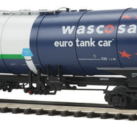 Premier European Modern Tank Car (Kesselwagen) w/Hi-Rail Wheels - Ready to Run -- OMV/Wascosa Euro Tank Car (blue, white, green)