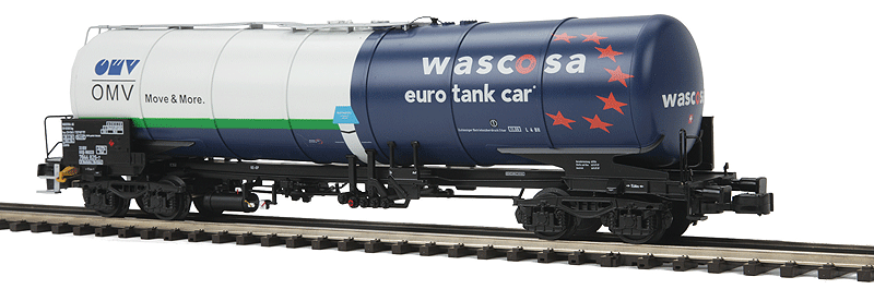 Premier European Modern Tank Car (Kesselwagen) w/Hi-Rail Wheels - Ready to Run -- OMV/Wascosa Euro Tank Car (blue, white, green)-1