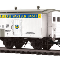 Premier European Beer Reefer w/Hi-Rail Wheels - 3-Rail - Ready to Run -- Brauerei Warteck Basel (white, blue)