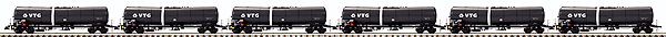 European Modern Tank Car 6-Pack w/Scale Wheels - 2-Rail - Ready to Run - Premi -- VTG (black, white)