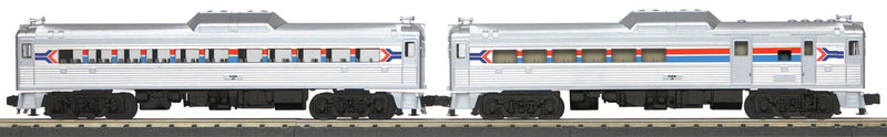 Budd RDC Railcar 2-Car Set - 3-Rail w/Proto-Sound 3.0 - RailKing(R) -- Amtrak (Phase 1, silver, Wide red & blue Stripes, Arrow Logo)