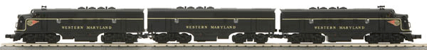 RailKing(R) Scale EMD F3 A-B-A Set (1 Powered A & 1 Each Unpowered A & B) -- Western Maryland (Fireball, black)(Powered A w/Proto-Sound 2.0, Smoke, DCS(T