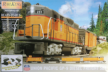 RailKing Diesel Freight RTR Deluxe Trainset w/Proto-Sound 2.0 -- Union Pacific GP-9 w/2 Cars & Caboose Track & Pack