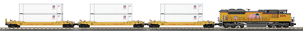 RailKing Union Pacific Intermodal Freight Set - 3-Rail w/Proto-Sound 2.0 -- SD70ACe Loco, 3 Husky Stack Cars, 31 x 51" Track Oval, Power Pack w/Wireles