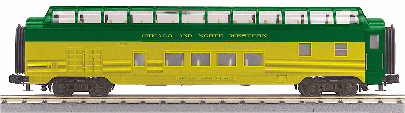 60' Streamlined ABS Full-Length Vista Dome - 3-Rail - Ready to Run - RailKing -- Chicago & North Western Heron Lake (yellow, green)
