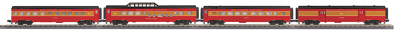 60' Streamlined ABS 4-Car Passenger Set - 3-Rail - Ready to Run - RailKing(R) -- Southern Pacific #3303, 2439, 3620, 2954 (Daylight, orange, red, black)