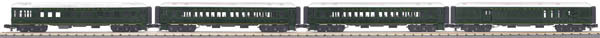 RailKing(R) Madison Heavyweight 60' Passenger 4-Car Set w/Interior Lights -- Baggage/RPO, 2 Coaches & Observation Western Maryland (green)