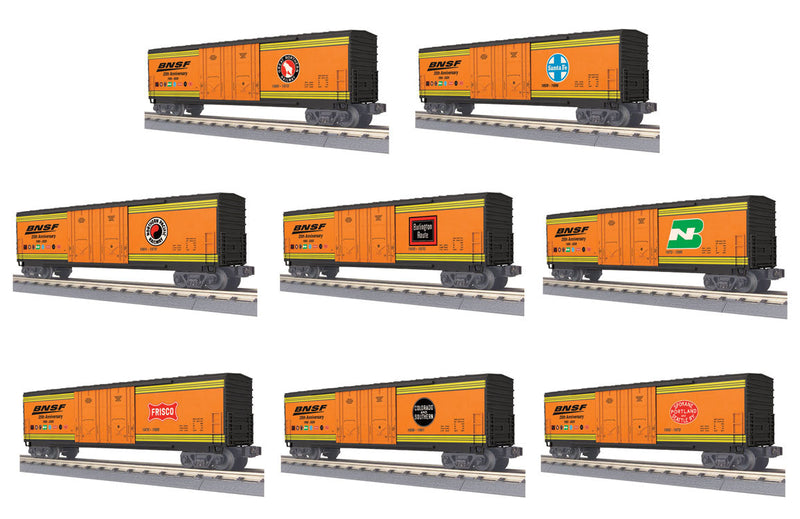 Double-Plug-Door Boxcar 8-Pack - 3-Rail - Ready to Run - RailKing -- BNSF Railway (orange, black, Predecessor Logos)