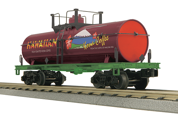 RailKing Smoking Tank Car - 3-Rail - Ready to Run -- Hawaiian Kona Coffee (brown, red, green)