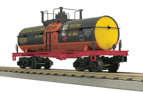 RailKing(R) Operating Smoking Tank Car - 3-Rail - Ready to Run -- Torched Tongue Hot Sauce #2011 (black, orange, red, yellow)