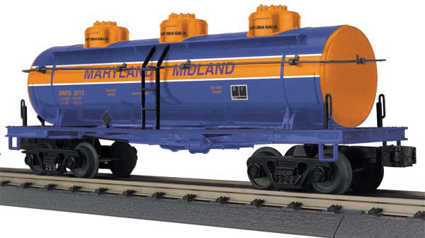 RailKing 3-Dome Tank Car - 3-Rail - Ready to Run -- Maryland Midland #2012 (blue, orange)