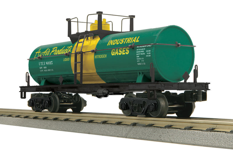 Operating Smoking Tank Car - 3-Rail - Ready to Run - RailKing(R) -- Air Products #80015 (green, yellow)-1