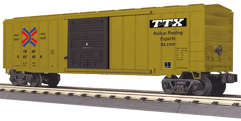 50' Modern Single-Door Boxcar - 3-Rail - Ready to Run - RailKing(R) -- TTX FBOX #502108 (yellow, black, Railbox Arrow Logo)