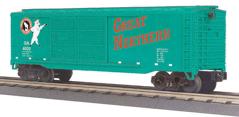 40' Double Door Boxcar - 3-Rail - Ready to Run - RailKing(R) -- Great Northern #4000 (Jade Green, red, white, Standing Rocky)
