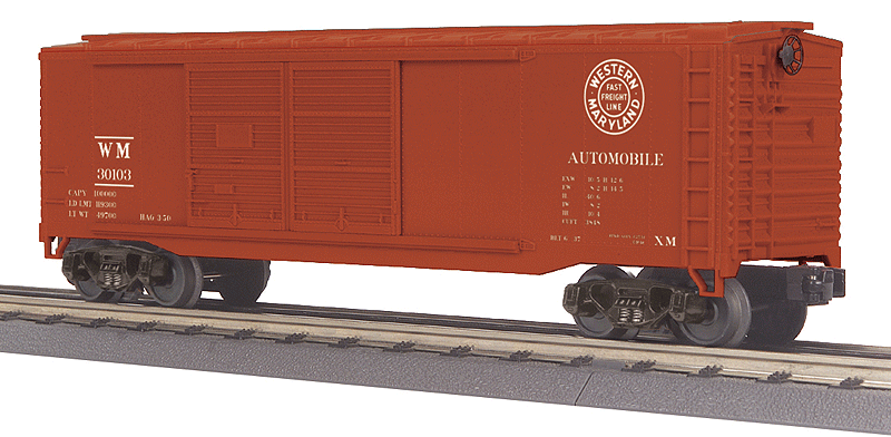 40' Double Door Boxcar - 3-Rail - Ready to Run - RailKing(R) -- Western Maryland #30103 (Boxcar Red, white, Fast Freight Logo)