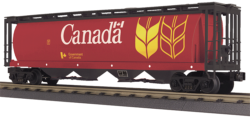 Cylindrical 4-Bay Hopper Car - 3-Rail - Ready to Run - RailKing(R) -- Government of Canada #110338 (red, black, yellow)