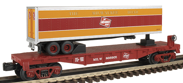RailKing Flatcar w/Trailer -- Milwaukee Road