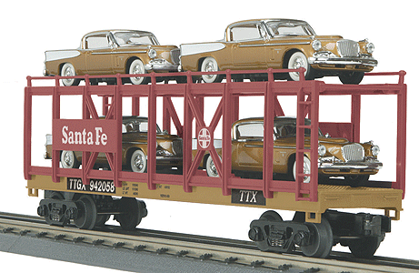 RailKing Auto Carrier Flatcar w/4 Automobiles -- Santa Fe - 1958 Studebakers