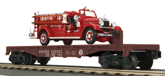 RailKing(R) Flatcar w/35 Mack Type 75BX Fire Truck Load - Ready to Run -- Pennsylvania Railroad #476402 (Tuscan, Circle Keystone Logo)