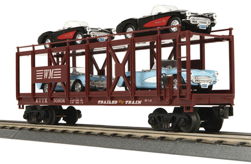 RailKing(R) Auto Rack w/4 1957 Chevrolet Corvettes - Ready to Run -- Trailer Train Flat #501656 w/Western Maryland Rack (brown)