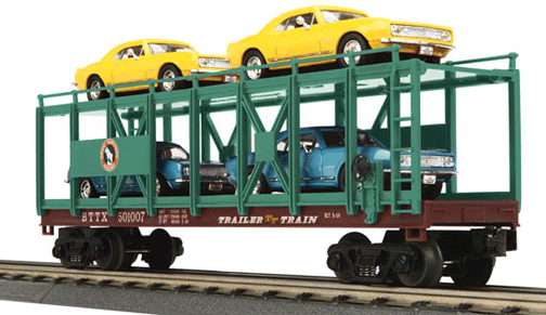 RailKing(R) Auto Rack w/4 1967 Chevrolet Camaros - Ready to Run -- Trailer Train Flat #501007 w/Great Northern Rack (brown Flat, green Rack)