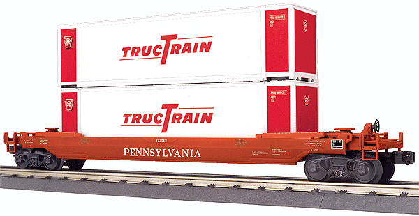 RailKing(R) Husky Stack, Operating End of Train Device - 3-Rail - Ready to R -- Pennsylvania Railroad #832068 (Tuscan) w/2 TrucTrain Containers (white, red)