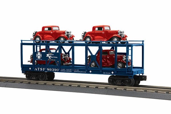 Open Auto Carrier w/4 Autos - 3-Rail - Ready to Run - RailKing(R) -- 1932 Ford 3-Window Coupe Load, Santa Fe #89390 (blue, white)
