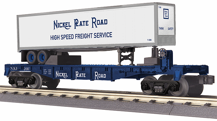 Flatcar w/Trailer - 3-Rail - Ready to Run - RailKing(R) -- Nickel Plate #2013 (blue w/white Trailer, High Speed Freight Slogan)
