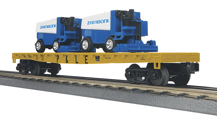 50' Flatcar w/2 Zambonis Load - 3-Rail - Ready to Run - RailKing(R) -- Pittsburgh & Lake Erie #42313 (yellow, black)