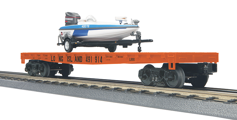 50' Flatcar w/Fishing Boat Load - 3-Rail - Ready to Run - RailKing(R) -- Long Island #491914 (orange, black)