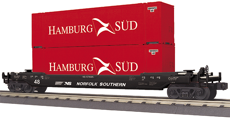 Husky Stack Car w/End-of-Train Device - 3-Rail - Ready to Run - RailKing(R) -- Norfolk Southern #157805 (black, white w/red Hamburg Sud containers)