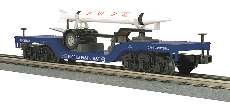 Depressed-Center Flatcar w/Rocket Load - 3-Rail - Ready to Run - RailKing(R) -- Florida East Coast #896025 (blue, white, NASA Rocket)