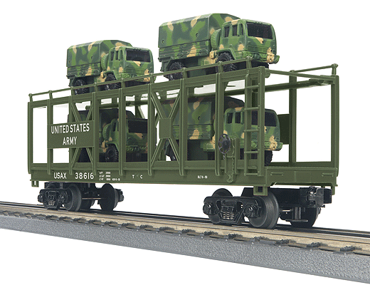 Auto Carrier Flatcar - 3-Rail - Ready to Run - RailKing(R) -- U.S. Army #38616 (green) w/Mini Army Trucks