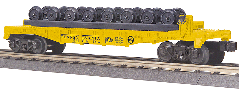 Flatcar w/Wheelset Load - 3-Rail - Ready to Run - RailKing(R) -- Pennsylvania Railroad #491314 (MOW yellow, black, Circle Keystone Logo)