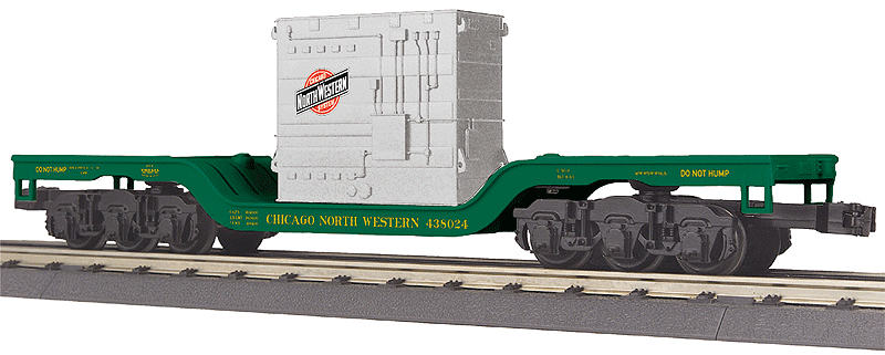 Depressed-Center Flatcar w/Transformer Load - 3-Rail - Ready to Run - RailKing -- Chicago & North Western #438024 (green, yellow)
