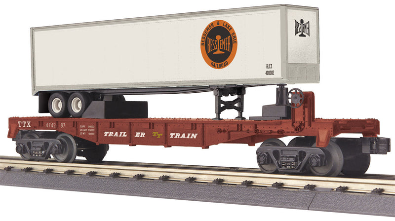 Flatcar w/40' Trailer - 3-Rail - Ready to Run - RailKing(R) -- Bessemer & Lake Erie TTX #47287 (Boxcar Red Trailer-Train Flat, B&LE Trailer