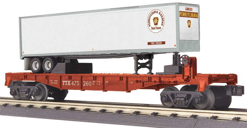 Flatcar w/40' Trailer - 3-Rail - Ready to Run - RailKing(R) -- Trailer-Train TTX #475260 (Boxcar Red w/white PEnnsylvania Trailer)
