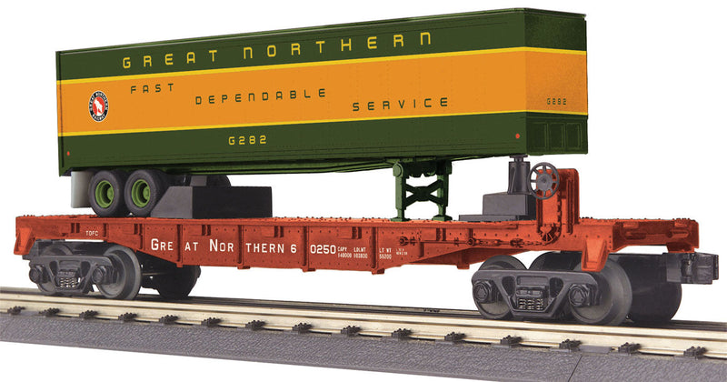 Flatcar w/40' Trailer - 3-Rail - Ready to Run - RailKing(R) -- Great Northern #60250 (Boxcar Red w/Omaha Orange, green Trailer)