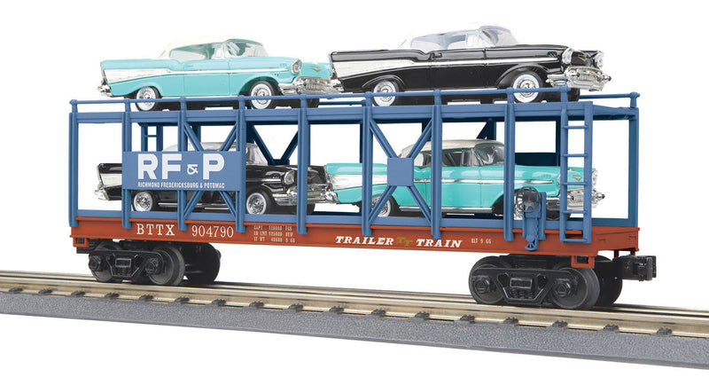 Open Auto Carrier, 4 '57 Chevy Bel Airs - 3-Rail - Ready to Run - RailKing(R -- Richmond, Fredericksburg & Potomac 904790