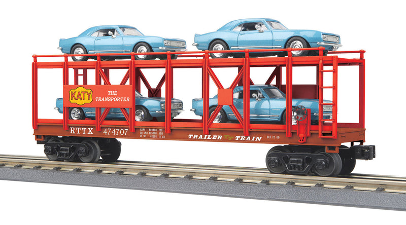 Open Auto Carrier, 4 '67 Chevy Camaro - 3-Rail - Ready to Run - RailKing(R) -- Missouri-Kansas-Texas 474707
